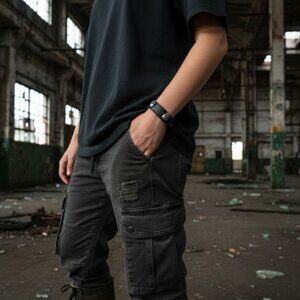 Yik Fung Black Leather Skull Studded Gothic Trendy Biker Brotherhood Bracelet